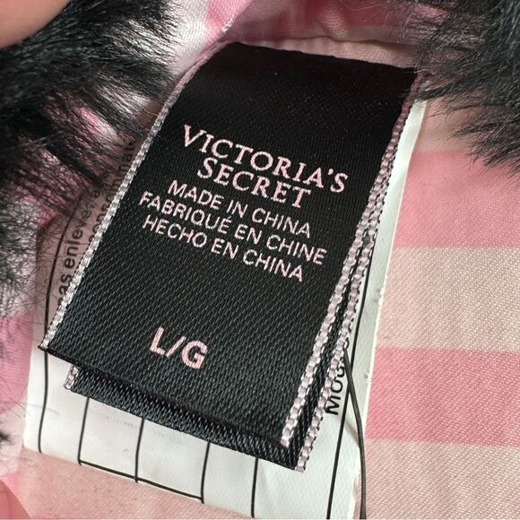 Victoria’s Secret Faux Fur Trim Striped Slippers Pink Black Large - Picture 9 of 11